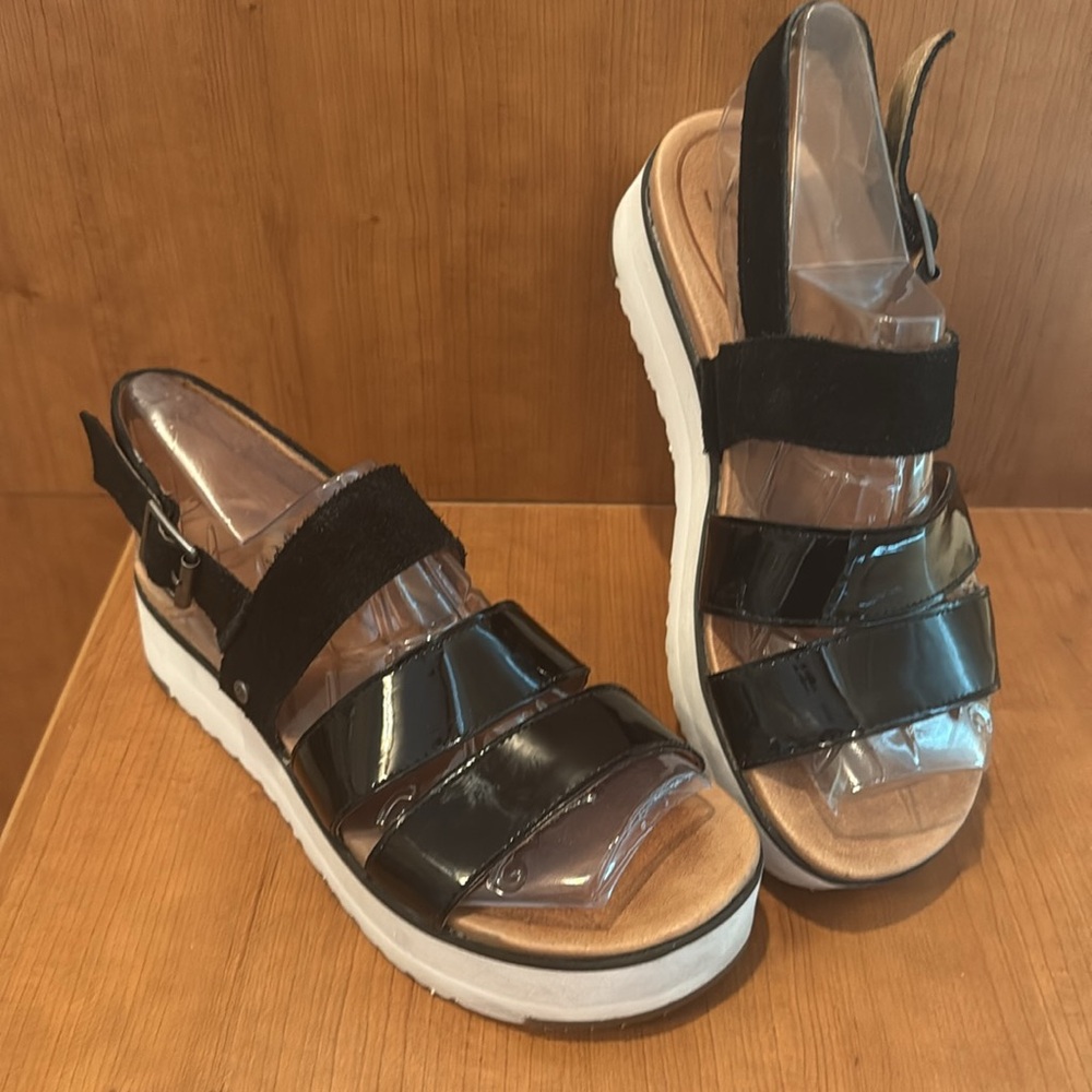 UGG Womens Braelynn Jasmine Leather Flatform Black Sandal Sz 7 M